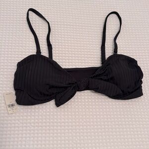 AERIE NWT Womens Black Tie Front Bow Bandeau Bikini Swim Top Ribbed Sexy LARGE